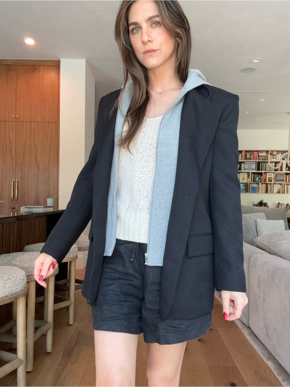 Zara Black Women's Blazer with Gray Hoodie Layering